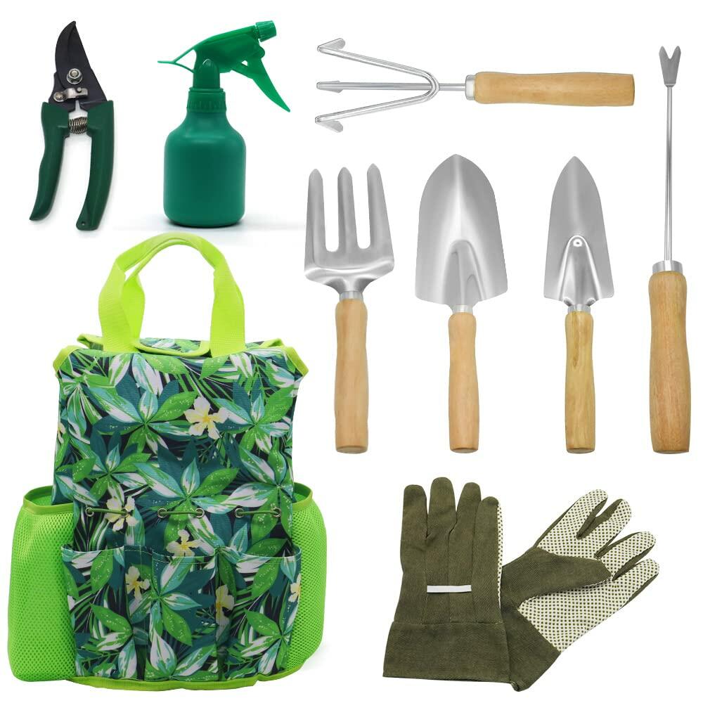 9-Piece Garden Tools Set with Gloves and Colorful Tote - Gardening Kit
